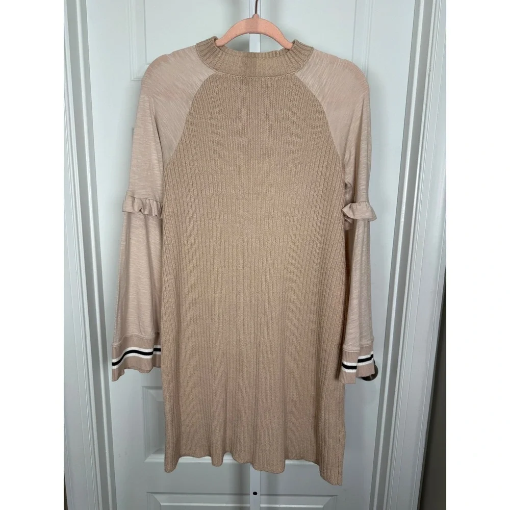 Free People Zou Bisou Sweater Dress Beige Ruffle Sleeve‎ M NWT  Boho Chic